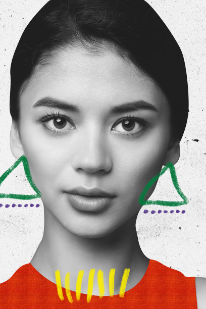 当代艺术拼贴的美丽的女人与画的元素孤立在白色的背景图片下载