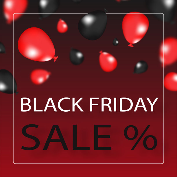 红色和黑色渐变模糊气球上的深黑红色渐变背景上的顶部。黑色星期五销售文本在白色框架和社会海报的概念。图片下载