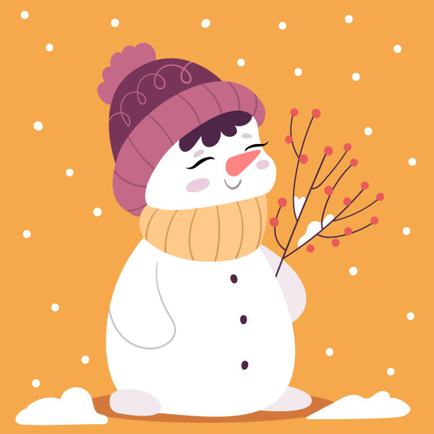 黄色背景上，可爱的雪人拿着一枝山灰微笑。阳光明媚的冬天。圣诞节的照片图片下载