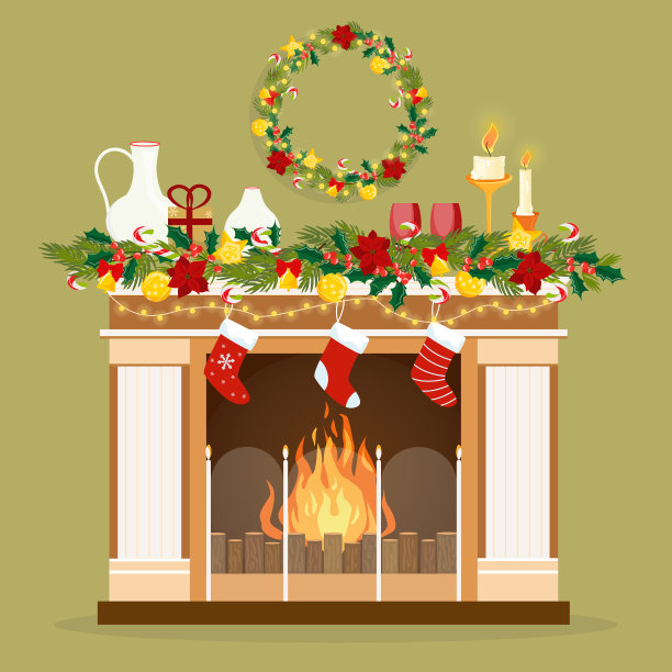 用花环、花环和蜡烛装饰舒适的新年壁炉。平面风格矢量插图。新年快乐，圣诞快乐图片下载