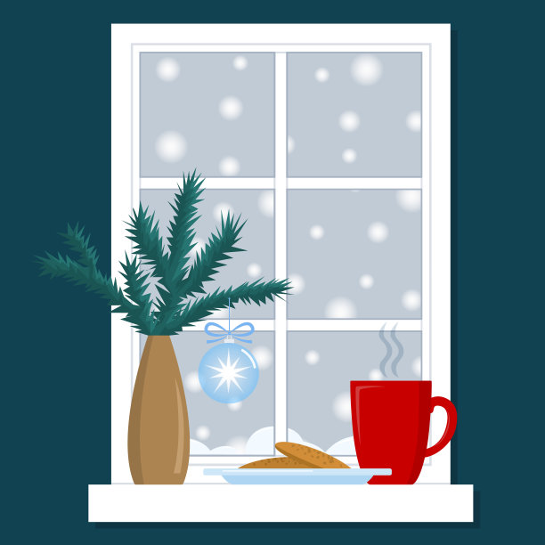 圣诞早餐和雪窗上的冷杉树图片下载