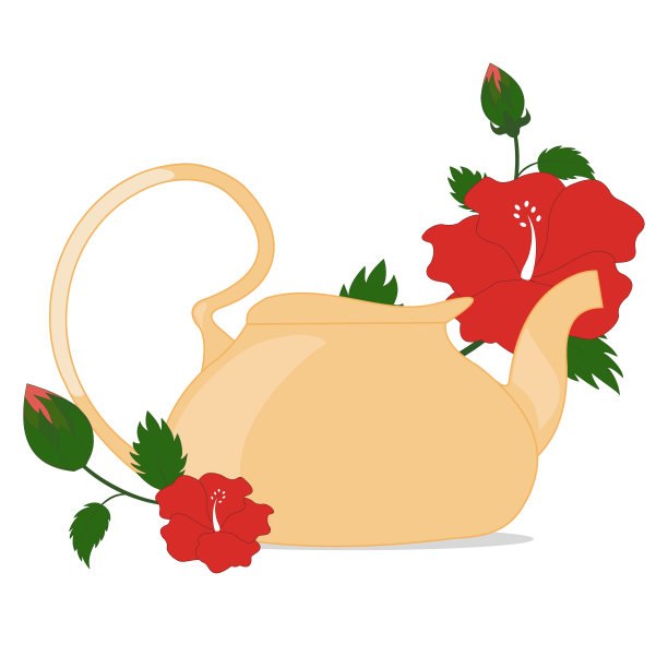 白色背景上的玻璃茶壶，红色的木槿花，叶子和芽都是绿色的。玻璃厨具。健康的饮料。设计用矢量图图片下载