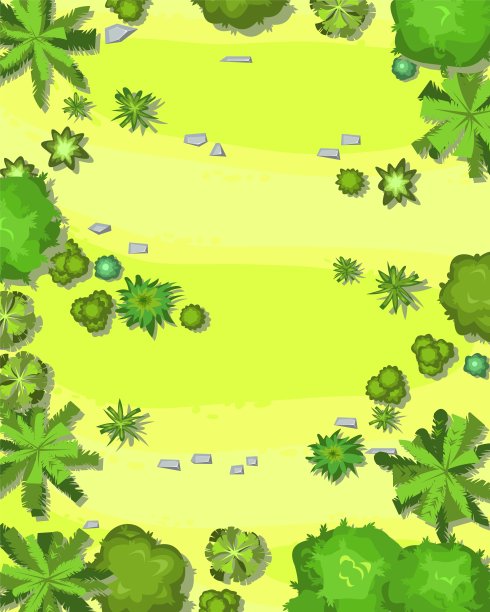 森林中多山的草坪。从以上观点。农村的乡村景观。树木和灌木的绿色叶子。前视图。背景插图卡通风格。向量图片下载