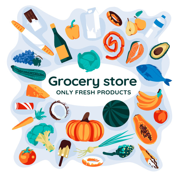 传单和杂货。采购产品杂货店，购物，超市，新鲜食品，送货上门，订购，销售概念。平面矢量插图的海报，横幅，传单，广告，促销，商业。图片下载