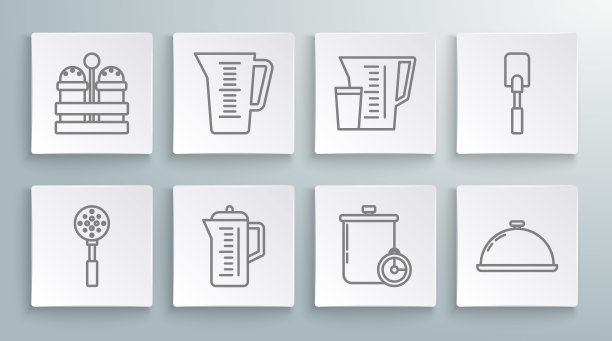 设置线抹刀，量杯，茶壶，烹饪和厨房计时器，覆盖托盘的食物，和盐胡椒图标。向量图片下载