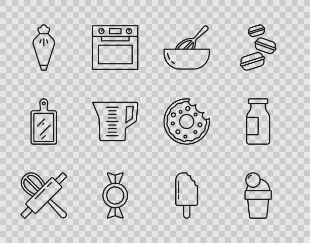 设置线厨房搅拌器和擀面杖，冰淇淋，碗，糖果，糕点袋，量杯，牛奶图标的瓶子。向量图片下载