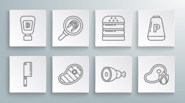 设置线条肉刀，鱼排煎锅，牛排肉，鸡腿，烧烤和火焰火焰，汉堡，胡椒和酱瓶图标。向量图片下载