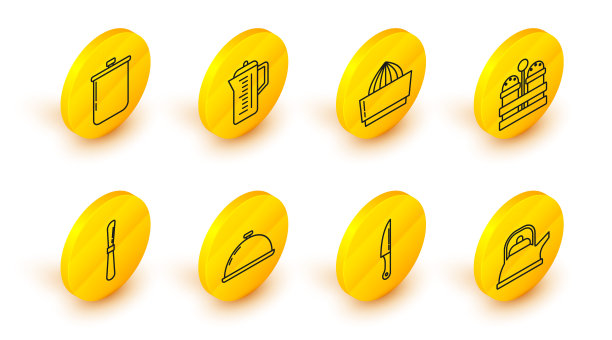 设置锅柄，刀，食物托盘，盐胡椒，柑橘果汁机，茶壶和烹饪图标。向量图片下载