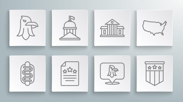 热狗三明治，白宫，独立宣言，鹰，美国国旗，美国地图和图标。向量图片下载