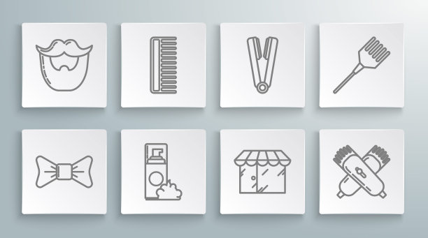 设置线蝴蝶结，发刷，剃须凝胶泡沫，理发店大楼，交叉电动理发器或剃须刀，卷发器，和胡子和胡须图标。向量图片下载