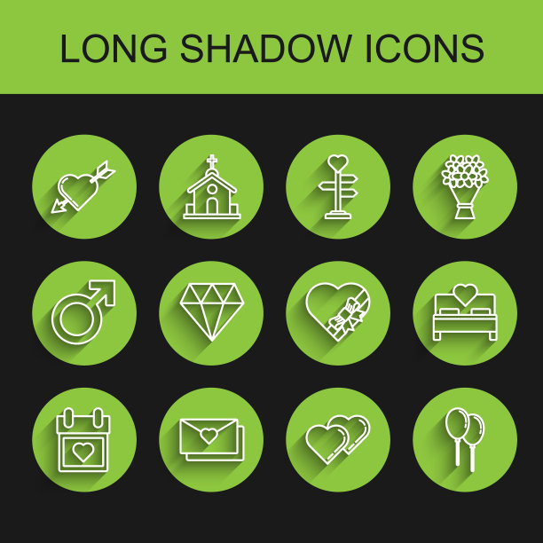 集线日历与心，信封情人节，爱情符号和箭头，两颗心，气球丝带，钻石，卧室和糖果形状的盒子蝴蝶结图标。向量图片下载