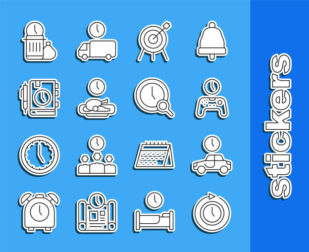 设置线时钟与箭头，时间旅行，游戏手柄的时间，目标运动，食物，每日纸记事本，浪费和放大镜时钟图标。向量图片下载