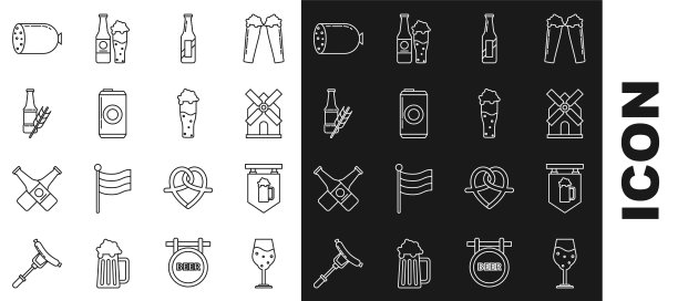 设置line啤酒，街道招牌玻璃，风车，啤酒瓶，罐头，腊肠和图标。向量图片下载