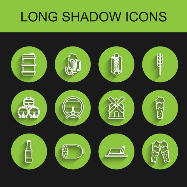 啤酒瓶，意大利腊肠，金属啤酒桶，啤酒节帽子，玻璃杯，木桶架上与旋塞，和风车图标。向量图片下载