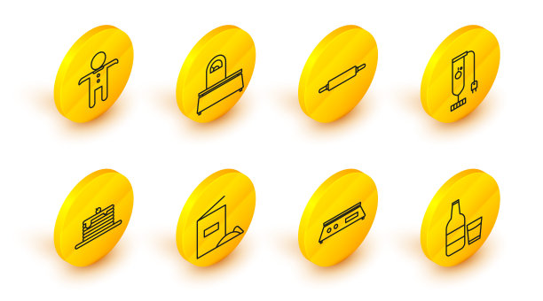 装牛奶和玻璃的玻璃瓶，电子天平，面粉包，煎饼堆，搅拌机，擀面杖，天平和节日姜饼人饼干图标。向量图片下载