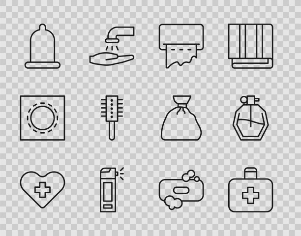 在墙上设置十字心形，急救箱，纸巾机，喷雾瓶，避孕套，发刷，香皂和香水图标。向量图片下载