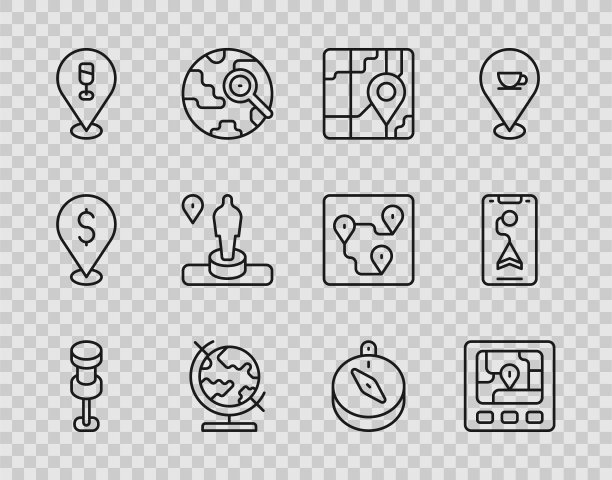 Push pin, Gps设备与地图，城市导航，地球地球仪，酒精或啤酒酒吧位置，位置和纪念碑，指南针和图标。向量图片下载