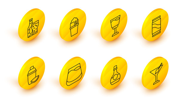 设置线马提尼玻璃杯，白兰地或白兰地瓶，玻璃威士忌，柠檬鸡尾酒调酒器，啤酒罐，葡萄酒，啤酒和瓶子图标。向量图片下载