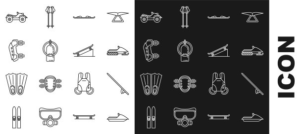 在街道坡道上设置水上摩托艇，冲浪板，雪地摩托，滑雪板，水浪，护膝，全地形车或ATV摩托车和滑板。向量图片下载