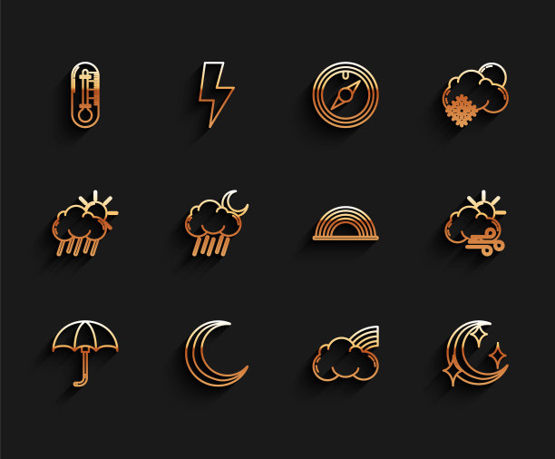 套线经典优雅开伞，月亮与星星，温度计，彩虹与云，云雨月亮，大风天气的图标。向量图片下载