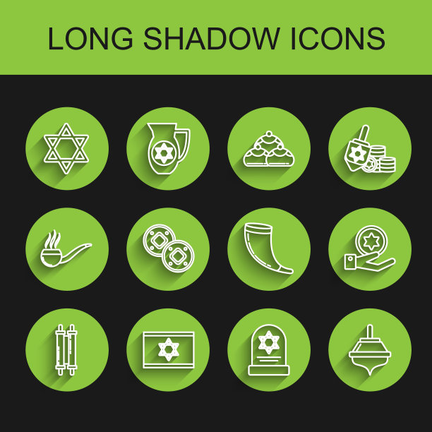 设置线Torah卷轴，以色列国旗，星大卫，墓碑与星大卫，光明节陀螺，犹太硬币，手和传统的羊角，羊角号图标。向量图片下载