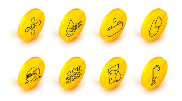 设置线水龙头，玻璃与水，波和蒸发，化学配方的水，滴，脸盆，回收干净的水和图标。向量图片下载