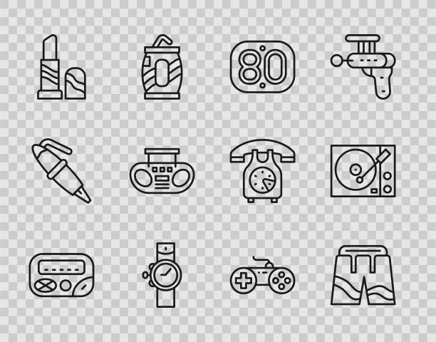 设置线寻呼机，短裤或裤子，80年代复古，腕表，口红，家庭立体声与两个扬声器，手柄和黑胶播放器图标。向量图片下载