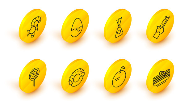 集合线煎饼，苹果，甜甜圈，棒棒糖，咬过的巧克力棒，糖果，巧克力蛋和圣诞糖果拐杖图标。向量图片下载