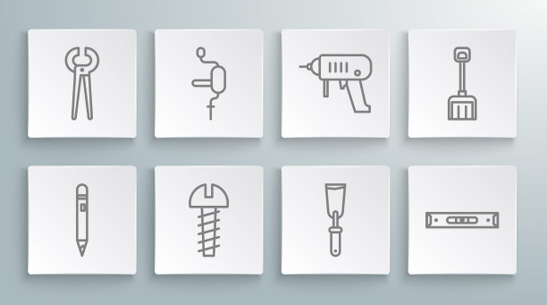 设置线铅笔与橡皮擦，手钻，金属螺丝，油灰刀，建筑气泡水平，电机，雪铲和钳子图标。向量图片下载