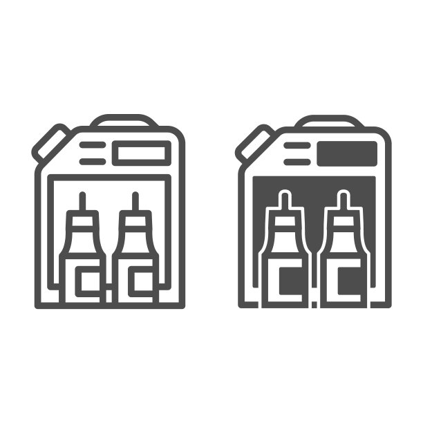 杰瑞罐和两个瓶子线和固体图标，干洗概念，化学洗涤，洗涤剂矢量标志上的白色背景，轮廓风格图标的移动概念和网页设计。矢量图形。图片下载