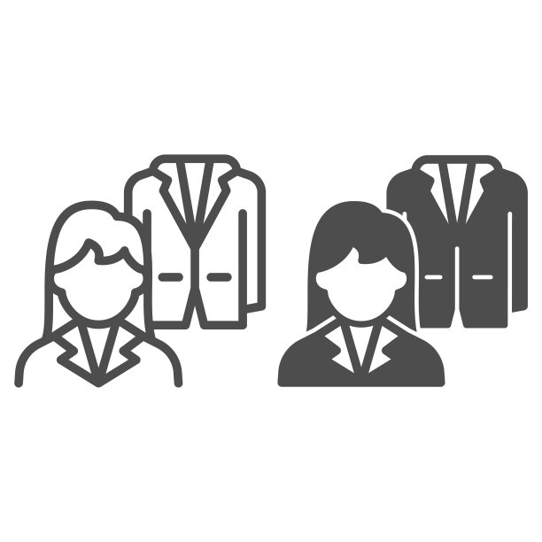 女员工和夹克，西装线和固体图标，服装概念，衣服矢量标志上的白色背景，轮廓风格图标的移动概念和网页设计。矢量图形。图片下载