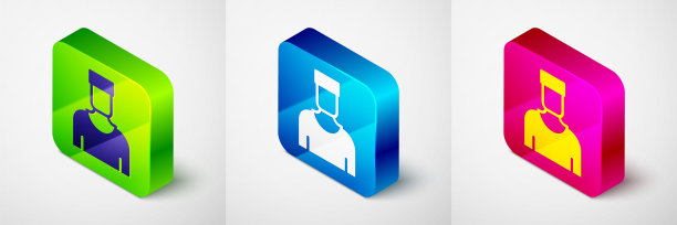 等距水手船长图标孤立在灰色背景。方形按钮。向量图片下载