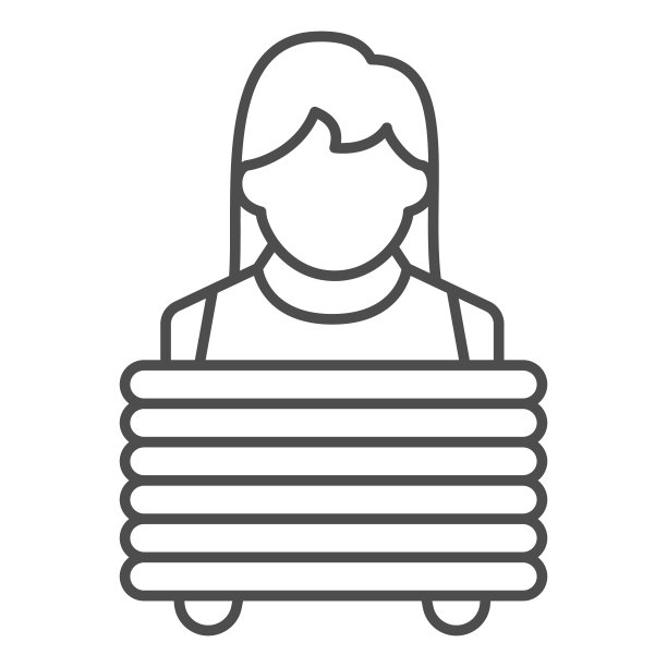 女人与堆叠干净的衣服细线图标，清洁概念，叠洗毛巾矢量标志上的白色背景，轮廓风格图标为移动概念和网页设计。矢量图形。图片下载