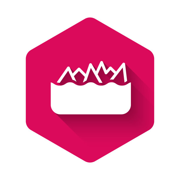 白色的尖石暗礁从海面上突出，给海上的船舶和船舶icon隔离了长长的阴影背景。粉红色的六角按钮。向量图片下载