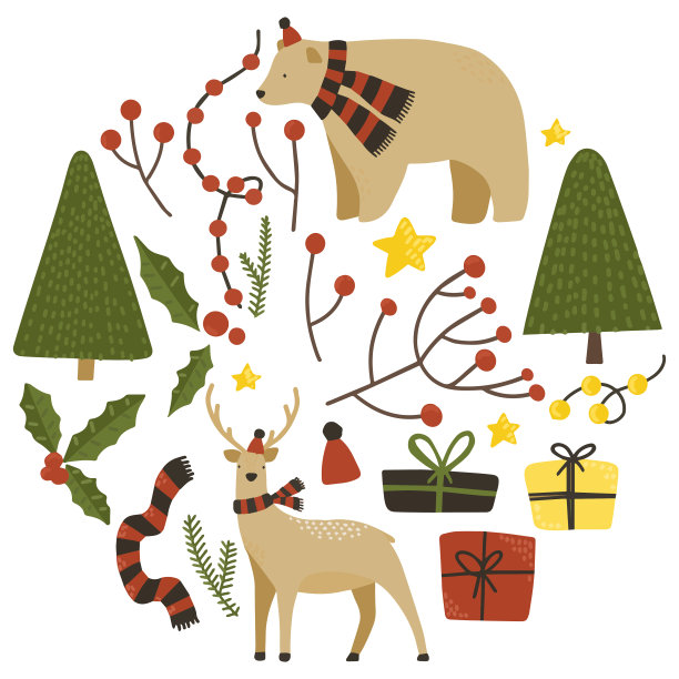 圣诞元素的向量集。熊，鹿，树枝，礼物。图片下载