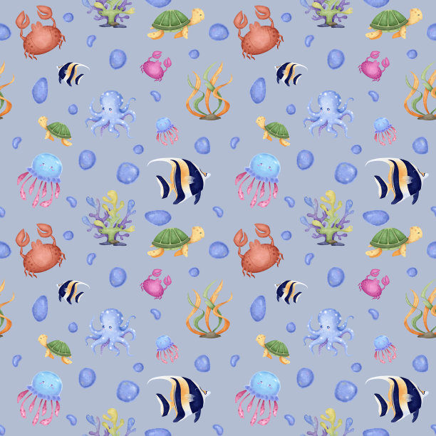 无缝的图案与海洋生物:章鱼，鱼，水母，蟹，珊瑚，藻类。数码插图。儿童纹理在白色背景的海洋风格。非常适合面料，纺织品图片下载