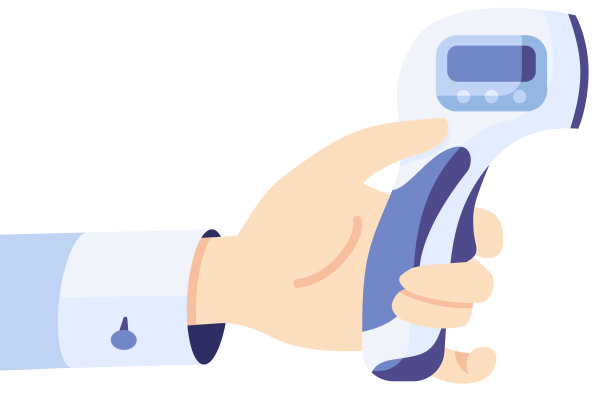 医生手持红外体温计，身体温度检查在一个平面风格孤立在一个白色的背景图片下载