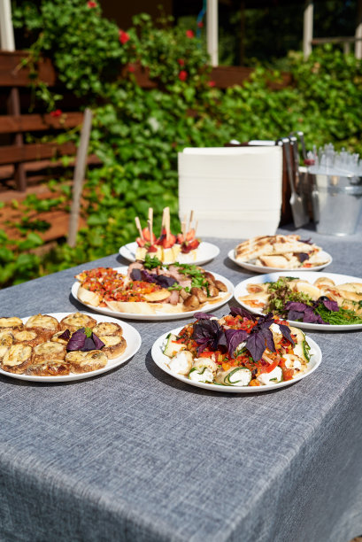 美味的小吃，开胃菜，三明治在聚会或野餐桌上。假期，夏天，在户外花园的餐桌上聚会。为生日或婚礼宴会提供不同的食物和小吃图片下载
