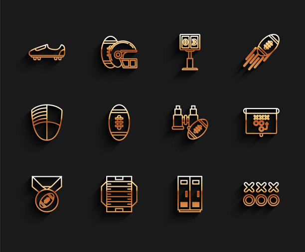 设置线美式足球与奖牌，足球或鞋钉，更衣室更衣室的足球，篮球队工作人员，规划战略概念，望远镜和美国图标。向量图片下载