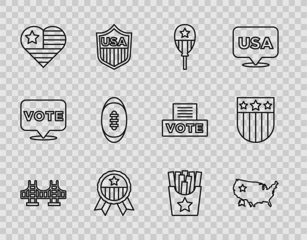 设置线金门大桥，美国地图，气球，奖章与星，独立日，美国足球，土豆法式炸薯条在盒子和盾星图标。向量图片下载