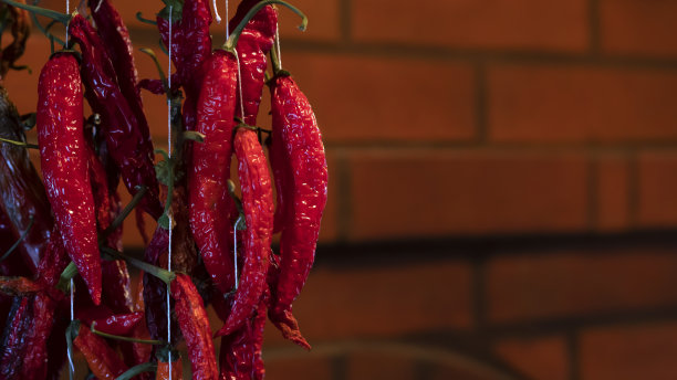 干红辣椒的特写。一串辣椒在壁炉上晒干。副本的空间。图片下载