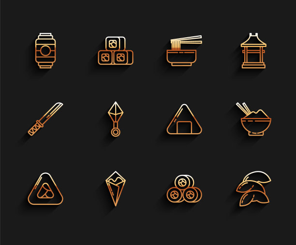 集寿司，手卷，日本纸灯笼，中国幸运饼干，忍者飞镖，米饭碗与筷子和图标。向量图片下载