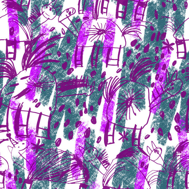 抽象无缝模式与孩子画马。图片下载