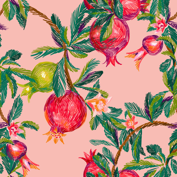 热带的背景。树枝上挂着奇异的水果。植物无缝模式。图片下载