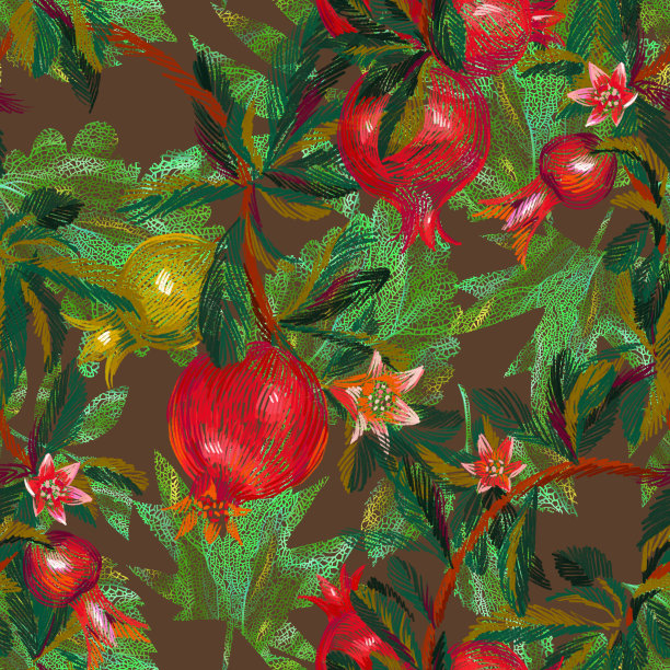 树枝上挂着奇异的水果。时尚无缝花纹搭配石榴。图片下载