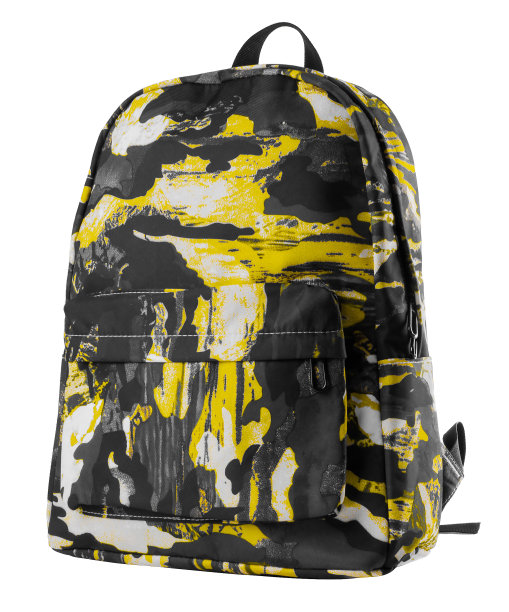 纺织城市背包在黄色，灰色和黑色。白色背景图片下载