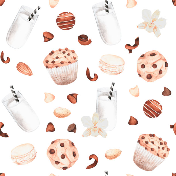 牛奶和饼干的无缝模式。水彩的插图。为你的设计。图片下载