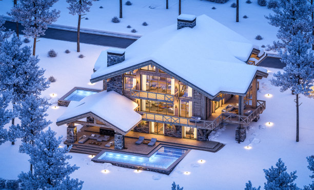 冬日夜晚现代舒适小屋的3d渲染图片下载