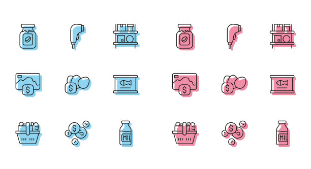 设线购物篮和食品硬币钱用图片下载