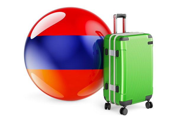 装有亚美尼亚国旗的手提箱。亚美尼亚旅游概念，3D渲染孤立的白色背景图片下载